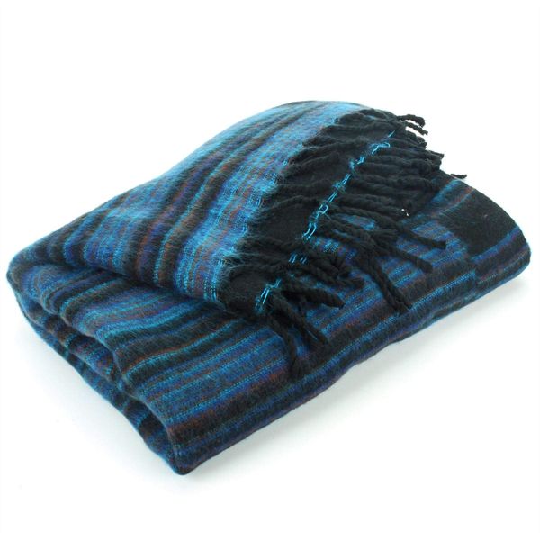 Hill Queen Vegan Wool Shawl Blanket - Stripe - Black Blue