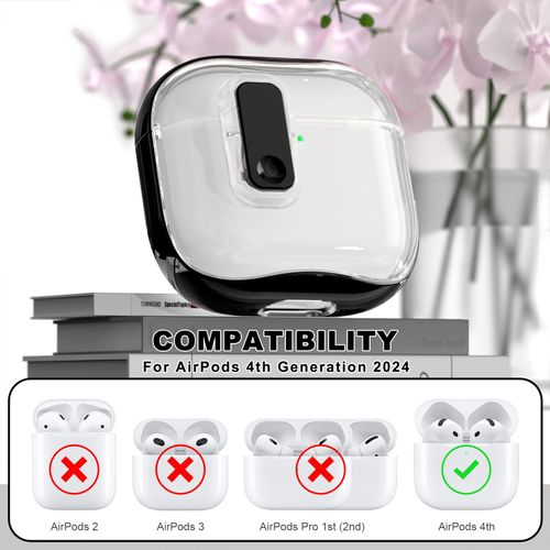RFUNGUANGO (with Safety Lock) Transparent Protective case for Airpods 4th Generation, Soft TPU Transparent Airpods 4 Protective case - with Cleaning kit, White Lanyard, Black