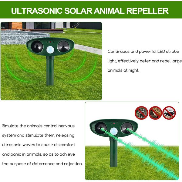 Cat Repellent Solar Powered Animal Deterrant, Ultrasonic Animal Repeller and Animal Control with Motion Sensor and Flashing Lights Outdoor Solar Farm Garden Yard Device, Dogs, Cats, Birds