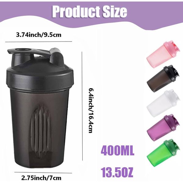 400ml Protein Shaker Bottle Shaker Cups Mixer BPA Free Gym Shaker Bottle Leakproof Mini Water Bottle With Steel Mixing Ball for Fitness Sports and Travel for Men and Women - Black