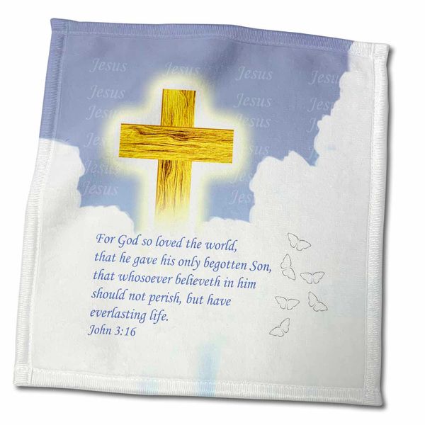 3dRose Bible quote John 3 16 on lovely cloudy background with cross of. - Towels (twl-266093-3)