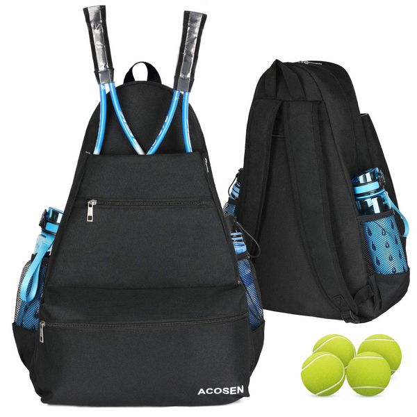 ACOSEN Tennis Bag Tennis Backpack - Large Tennis Bags for Women and Men to Hold Tennis Racket,Pickleball Paddles, Badminton Racquet, Squash Racquet,Balls and Other Accessories (Black)