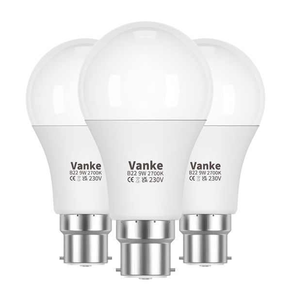 Vanke Bayonet Light Bulb 60w, B22 LED Bulbs Warm White 2700K, 9w Energy Saver Bulb, 806 Lumen, Non-Dimmable, 3-Pack