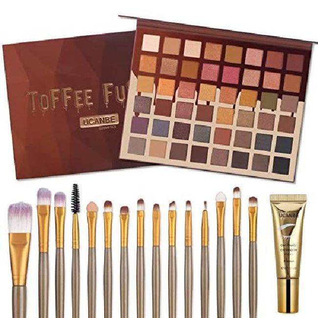 Moist Mall Yukanbe Toffee Fusion 48 Colors Eyeshadow Palette + 15 Brush Set + Primer All-in-One Makeup Kit - Highly pigmented matte shimmer glitter long-lasting blendable neutral