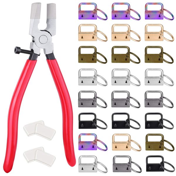 shynek KFW-07Key Fob Hardware, 50PCS 1 Inch Lanyard Keychain Hardware with Key Fob Pliers Tool for Keychain and Wristlet Clamp Hardware Supplies,Multicolor