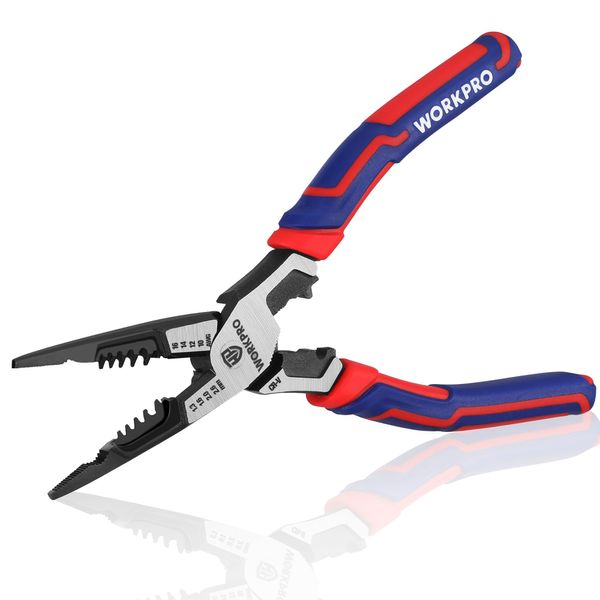 WORKPRO 7-in-1 Needle-Nose Pliers | Wire Stripper/Cutter/Crimper and Spanner | 200mm Long Nose Pilers for 16-10 AWG (1.3-2.6mm) Wire | Cr-V Multi Hand Tools for Electrician