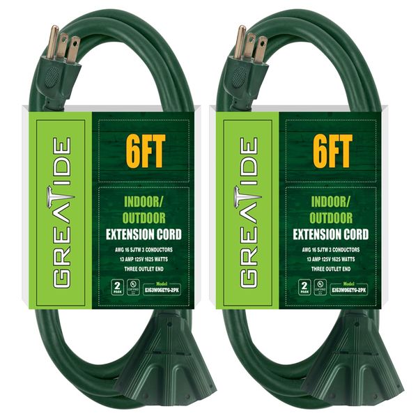 GREATIDE 2 Pack 6 Ft Outdoor Extension Cord with 3 Electrical Power Outlets - 16/3 SJTW Durable Green Cable with 3 Prong Grounded Plug