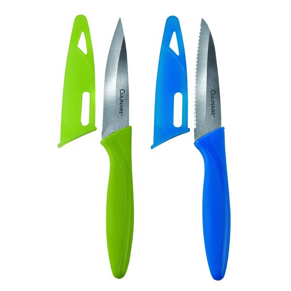 CULINARE C33005 2 Piece Knife Set, Green/Blue, Stainless Steel, 9cm Ultra Sharp Blades, 2 x Kitchen Knives with Protection Covers, Smooth Cutting/Firm Grip/Non-Slip Handle, Dishwasher Safe