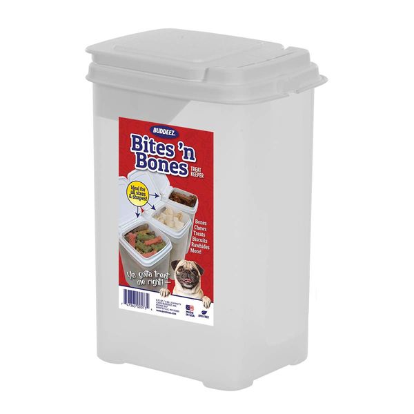 Buddeez Pet Treat Container - Bites & Bones 3.5 Quart Dog Treat Container, Cat Treat Container, with Large Flip Top Lid Suitable For Dog, Cat, Bird, & Other Animal Treat Storage