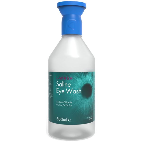 I-Wash Bottle with Eye Bath - The Premium Single Use Eye Wash for Most Minor Eye Irritations, Sterile Saline Solution 0.9% PH EUR, 500 ml with Easy to Use Eye Bath (500ml w/Eye Bath Pack of 1 Bottle)