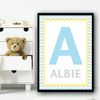 Fingerprint Designs Any Initial & Blue Grey Zigzag Yellow Border Personalised Wall Art Print