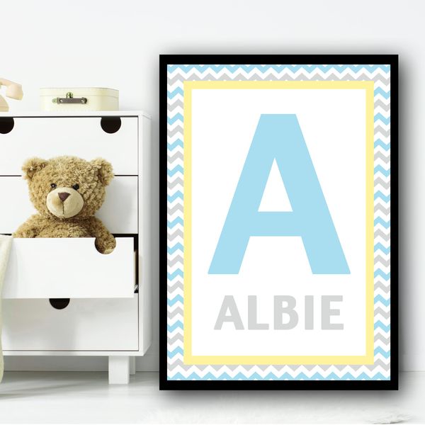 Fingerprint Designs Any Initial & Blue Grey Zigzag Yellow Border Personalised Wall Art Print