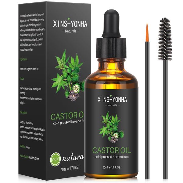 Xins-Yonha Castor Oil Hair Growth, Organic Castor Oil for Eyebrows Hair Growth Serum Eyelash Growth Serum Pure Cold Pressed Lash Growth Serum Skin Care Ricin Oil With Eyebrow & Eyeliner Brush (50ml)