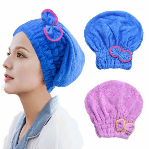 Haomye Microfiber Hair Drying Towel Absorbent Towel with Bow-Knot Shower Cap Quick Dry Hair Turban for Women and Girls 2Pcs (Blue&Purple)