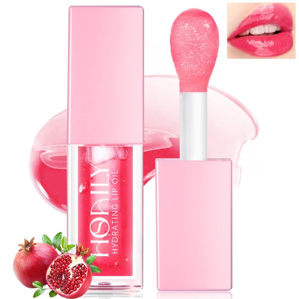 HOSAILY Hydrating Lip Glow Oil, Moisturizing Clear Lip Oil Transparent Toot Shiny Lip Oil Tinted Plumping Revitalizing Non-sticky Lip Gloss for Lip Care and Dry Lips with Pomegranate Fruit Extract