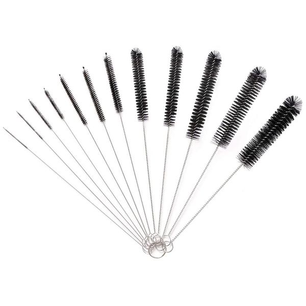 DAZISEN 12 Pcs Bottle Brush - Long Tube Bottle Cleaning Brushes, Kettle Spout Brush, Straw Brush, Nylon Bottle Pipe Cleaner Set for Baby Bottle Tube Pipe Flask Straws Keyboards Cleaning, Black