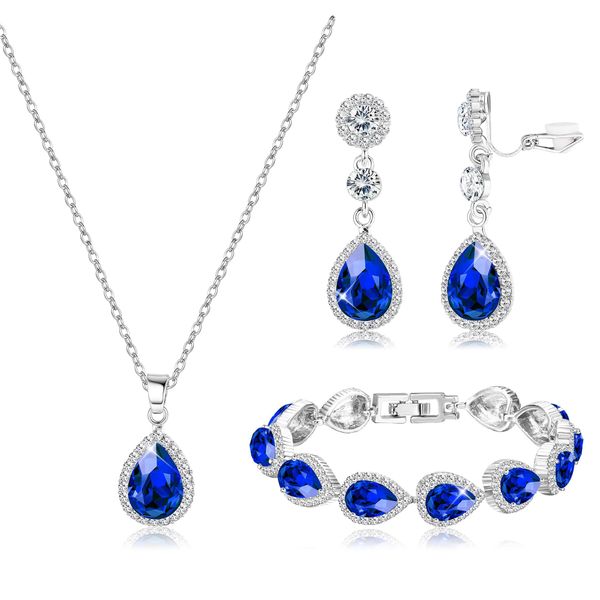 MILACOLATO Bridal Jewelry Set Wedding Crystal Necklace Bracelet Clip On Earrings Set Rhinestone Pendant Teardrop Dangle Clip On Earrings Prom Bridal Party Bridesmaid Jewelry Set for Women Blue