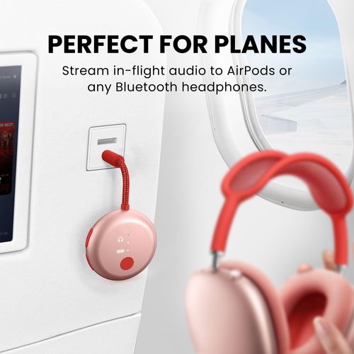 Avantree SoundJet R1 – Airplane Bluetooth Adapter for Headphones & AirPods, aptX Adaptive, Qualcomm Chipset, 20H Battery, Wireless Audio Transmitter for in-Flight Travel Essentials – Pink