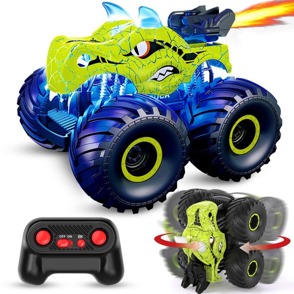 ScharkSpark Dinosaur Remote Control Car, 2.4GHz Monster Trucks for Boys Girls with Light, Sound & Spray, Dinosaur Toys Gift for Kids 3 4 5 6 7 8, All Terrain RC Cars for Toddlers with 2 Batteries