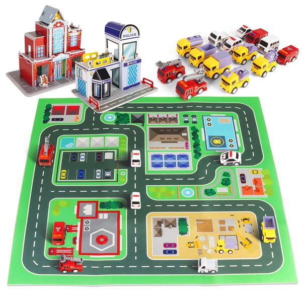 Pull Back Car Toy Set for Toddler, 14 Pieces Toy Cars with Play Mat for Kids 3-5 5-7, 3D Fire Station & Police Station Puzzles for Adults and Kids, Boys Girls Birthday Gifts for 3+ Year Old Kids Toys