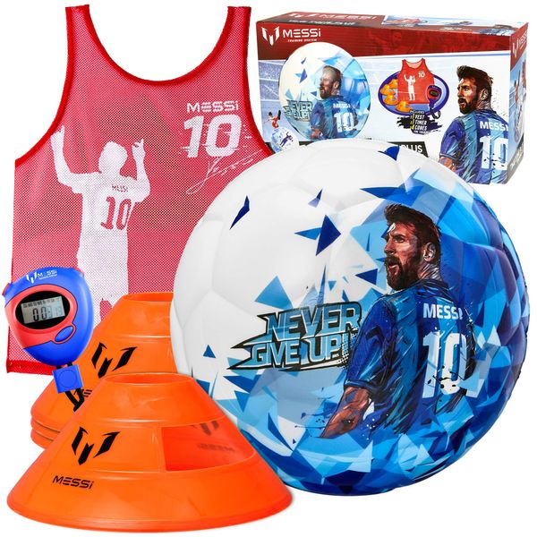 Kids Soccer Training Set - 7 pc Football Time Zone Kit - Size 4 Youth Soccer Ball with 4 Cones, Stopwatch Timer, and Vest - Lionel Messi Soccer Equipment (Boys)