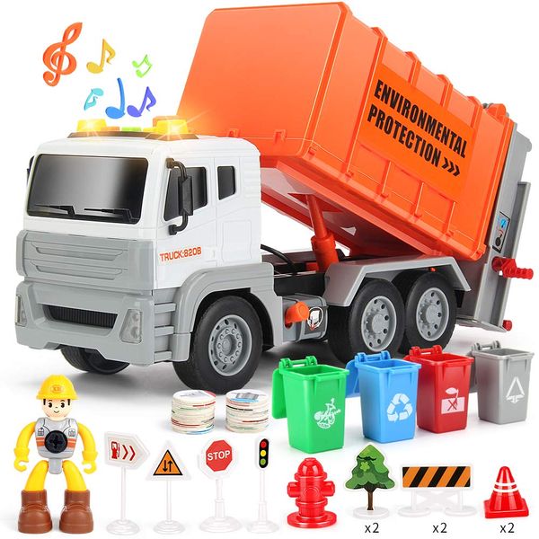 12" Garbage Truck Toys Trash Truck Dump Truck with 4 Garbage Cans, Friction Powered Truck with Sound and Light,Push and Go Pull Back Car for Boys