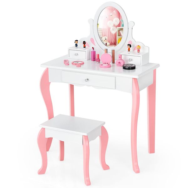 GYMAX Kids Dressing Table Set, Wooden Children Vanity Table with Stool, 360° Rotating Mirror and 3 Drawers, 2 in 1 Girls Makeup Desk Set for Bedroom (White)