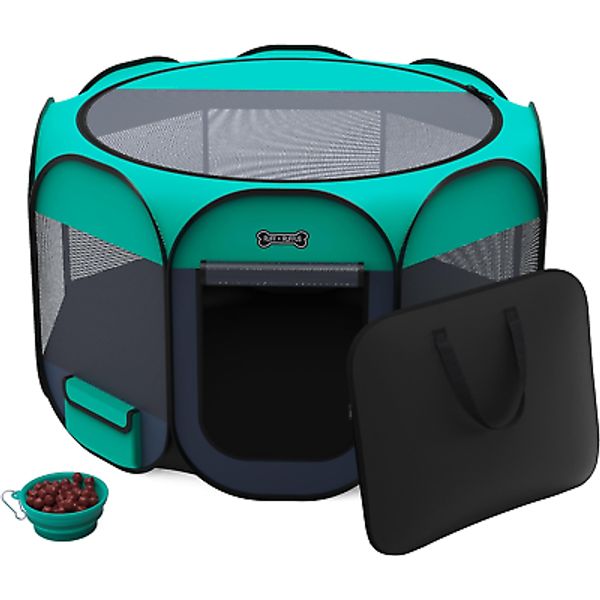 Portable Foldable Pet Playpen + Carrying Case & Collapsible Travel Bowl | Indoor