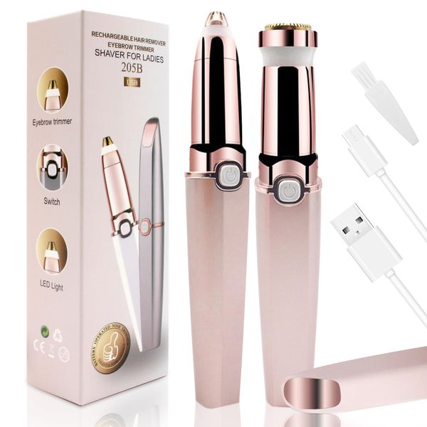 Facial Hair Remover & Eyebrow Trimmer for Women, 2 in 1 Rechargeable Facial Epilators and Eyebrow Razor with LED Light, Waterproof Painless Shaver for Lips Nose Face Body Peach Fuzz (Rose Gold)