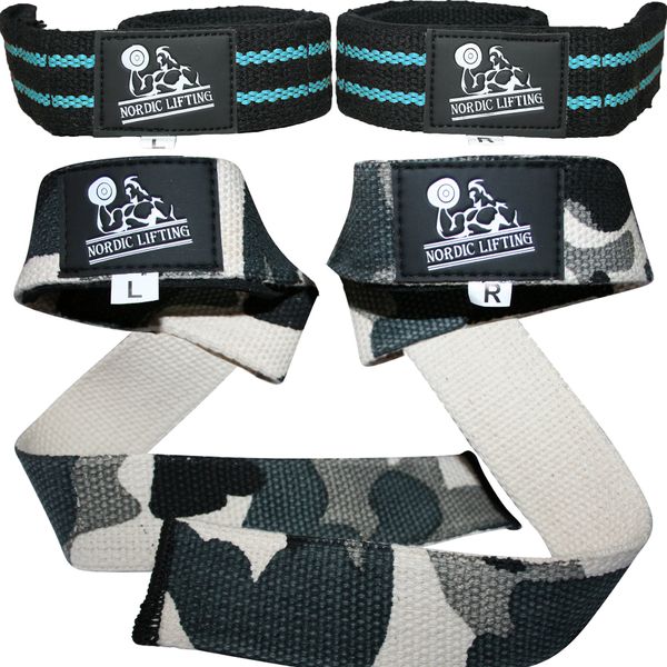 Lifting Straps (2 Pairs/4 Straps) for Weightlifting, Cross Training, Workout, Gym, Powerlifting, Bodybuilding-Support for Women & Men -Avoid Injury- (Aqua Blue & Camo Grey) - 1 Year Warranty