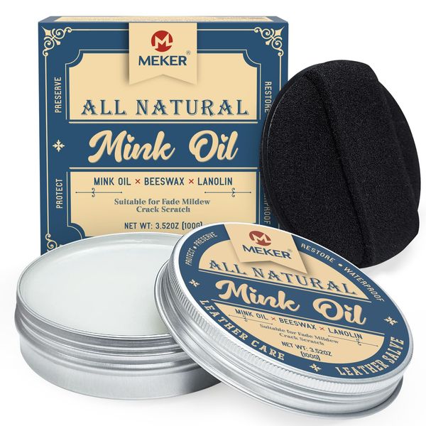 MEKER Mink Oil for Leather Boots, Leather Conditioner and Cleaner 3.52oz-All-Natural Waterproof Soften and Restore Shoes, Jackets, Hats, Baseball Gloves, Saddles and Harnesses (1 Pack)