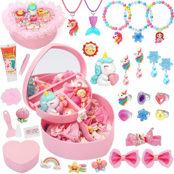 Kids Jewelry for Girls 4-6, Princess Girl Toys Little Girl Costume Jewelry Set, DIY Jewelry Box Includes Toddler Rings, Necklaces, Bracelets, Earrings, Hair Clips, Arts and Crafts Kits Birthday Gifts