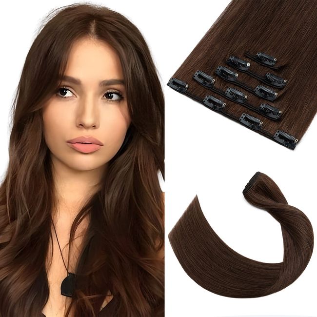 Elailite 5 PCS Echthaar Extensions Clip - Clip in Extensions Haarverlängerung - Clip Extensions Echthaar Günstig - glatt - 16"(40cm 60g) #04 Mittelbraun