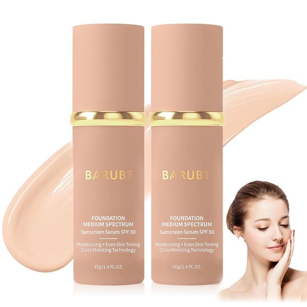 4 in 1 Foundation Liquid, Hydrating Medium Full Coverage Concealer with SPF 50+, Longwearing and Waterproof Foundation,Natural Face Makeup (2pcs, 40g)