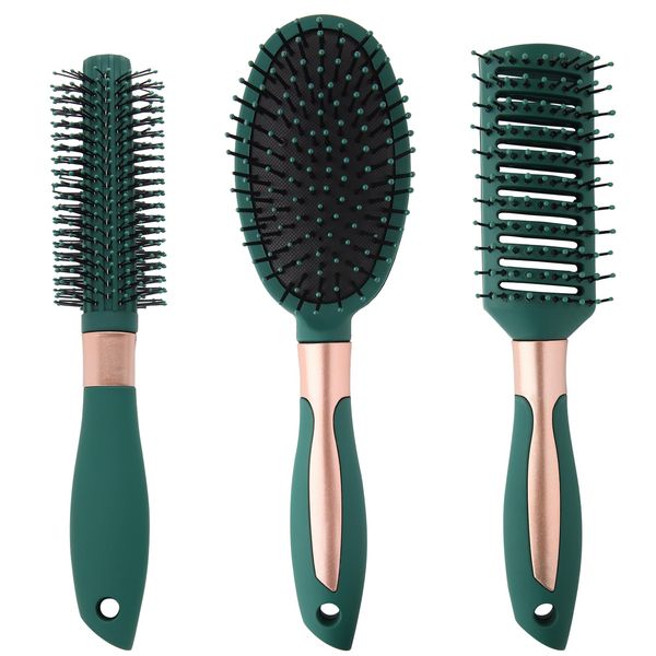 3 Stück Haarbürsten Set Haarkamm Ohne Ziepen Detangler Entwirrbürste Antistatik Fohnen Ventbürste Rundhaarbürste Oval Paddelbürste für Welle Locken Trockenes Haarpflege Damen Herren Grün