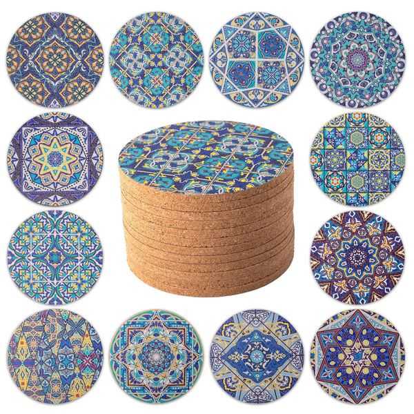 STARUBY 12 Pcs Cork Coasters, Coasters for Drinks, Coasters for Coffee Table, for Drinks Absorbent Kitchen Dining Room Decoration 10cm Round Blue