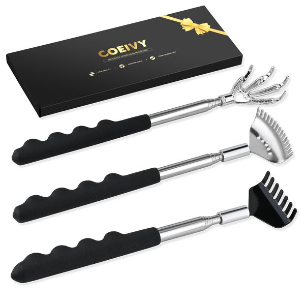 COEIVY 3 Pack Back Scratcher,Metal Portable Telescoping Back Scratchers with Rubber Handles, 3 Different Back Scrappers Provide, Men Women Kids Adults