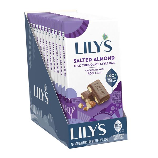 LILY'S Salted Almond Milk Chocolate Style No Sugar Added, Sweets Bars, 3 oz (12 Count)