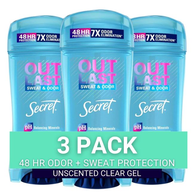 Secret Antiperspirant Deodorant Women, Unscented Clear Gel, Outlast, 3.4 oz (Pack of 3)