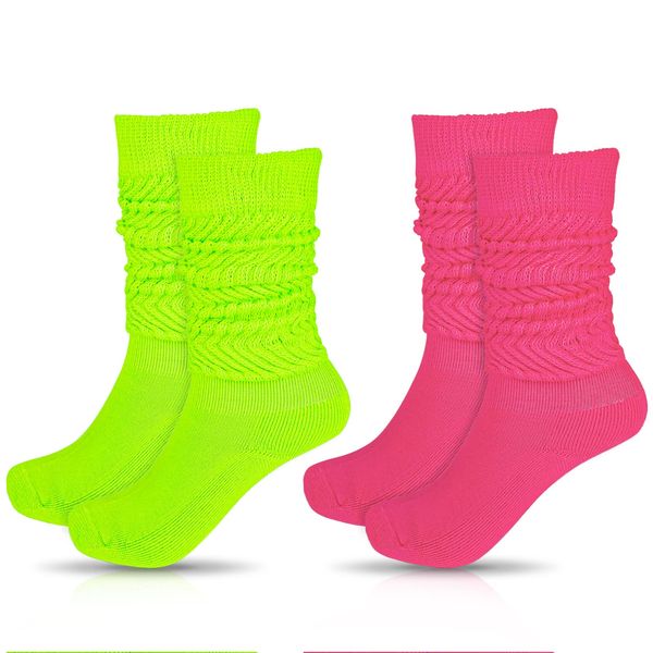 2 Pairs Knit Slouch Socks for Women Extra Long Scrunch Knee High Boot Socks Leg Warmers for 80s Party Streetwear (Rose Red and Fluorescent Green)