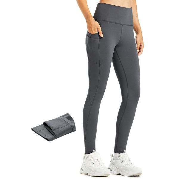 Libin Thermo Leggings Damen Winter Warm Thermoleggins Laufhose High Waist Wasserabweisend Thermohose Sportleggins Damen Lang mit Taschen, Dunkelgrau, XL