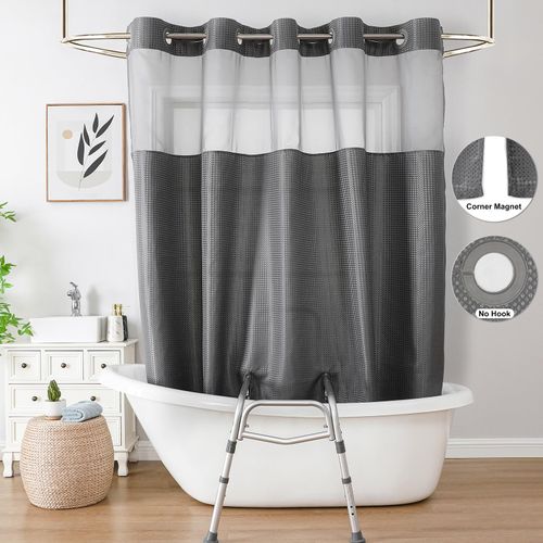 Summout Waffle Split Shower Curtain for Bath Transfer Benches with Mesh Top Window, No Hook Shower Curtain with Magnetic Bottom Seal in Liner, 2 Vertical Slits Designed -72''x74'', Grey