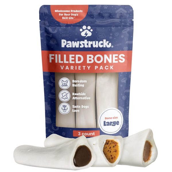 Pawstruck Large 5-6” Filled Dog Bones Variety Pack - Peanut Butter, Cheese & Bacon, Beef Flavors - Made in USA Long Lasting Stuffed Femur Treat for Aggressive Chewers - Pack of 3 - Packaging May Vary