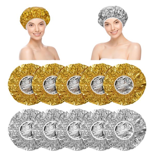 Aluminum Foil Cap Reusable Shower Cap Elastic Hair Coloring Cap Heat Cap for Deep Conditioning Salon Spa 10pcs (5 Gold 5 Silver)