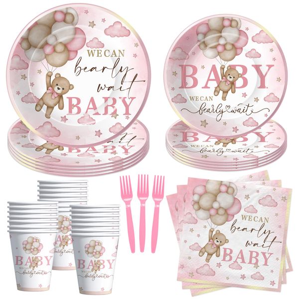 Xenorik Pink Bear Baby Shower Decorations Tableware Girl - Teddy Bear We Can Bearly Wait Baby Shower Decorations Supplies, Paper Plate, Cup, Napkin, Fork, Bear Baby Shower Table Decorations | Serve 24