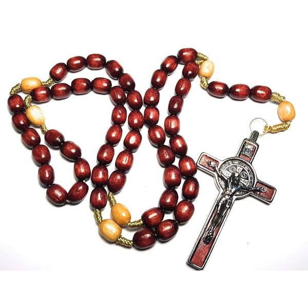 Made in Italy Blessed by Pope Francis Rosary Necklace rosary for car rearview mirror rosarios catolicos para hombre Medal Cross Saint Benedict Patron Saint of Students, Christian Values Honor Veterans US Army solders Addiction Dependence (Red)