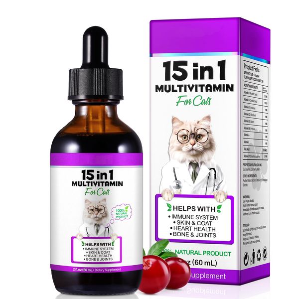 JSBNQRMZ Multivitamins for Cats,Cat 15in1 Vitamin Drops,Cat Vitamins and Supplements,60ml Cat Multivitamin Helps with Immune System,Skin & Coat,Heart Health and Bone & Joints