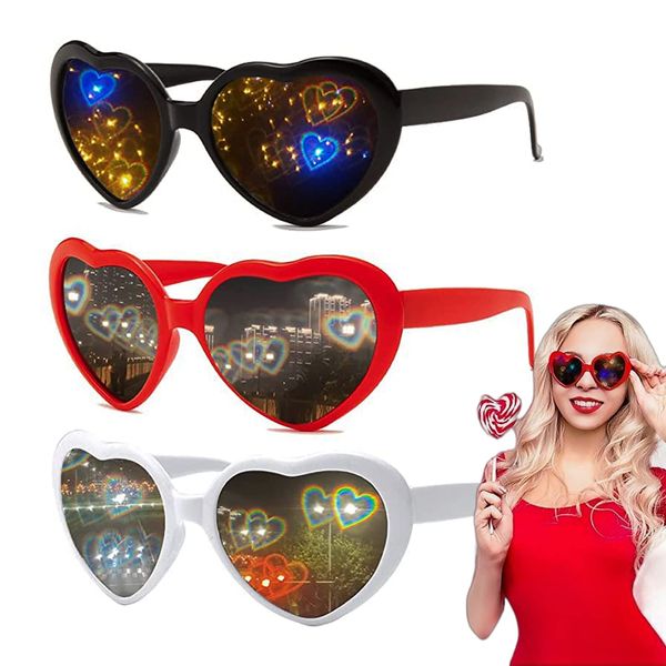 NIWWIN Heart Glasses Effect, 3D Heart Glasses Diffraction Glasses, Heart-Shaped Sunglasses, Funny Glasses for Carnival Music Festivals Party Bar Fireworks Music Outdoor Party Bar Night Club Pack of 3
