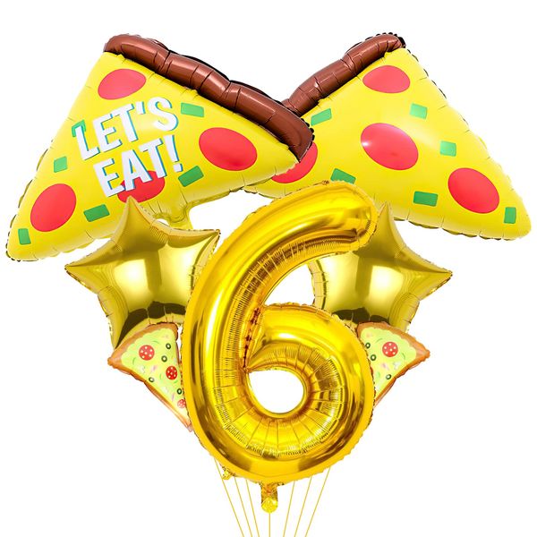 7pcs Pizza Balloons, Pizza Birthday Number Mylar Foil Balloon Pizza Slice Party Supplies Pizzaria Birthday Decorations (6th)