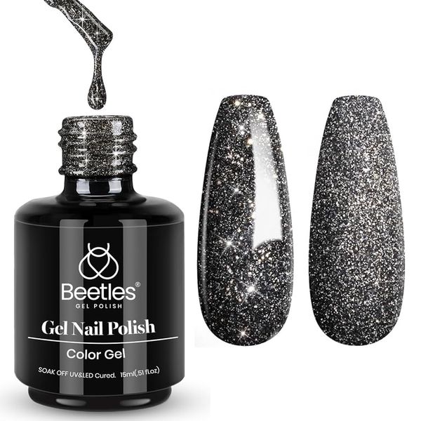 Beetles Black Glitter Gel Nail Polish, 1Pcs 15ML Glitter Gel Nail Polish Black Sparkle Reflective Shimmer Color Soak Off UV Lamp Disco Gel Polish Nail Art Manicure Salon DIY at Home Gifts for Her